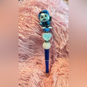 Blue Decorative Pen with Heart and Pearl Accents